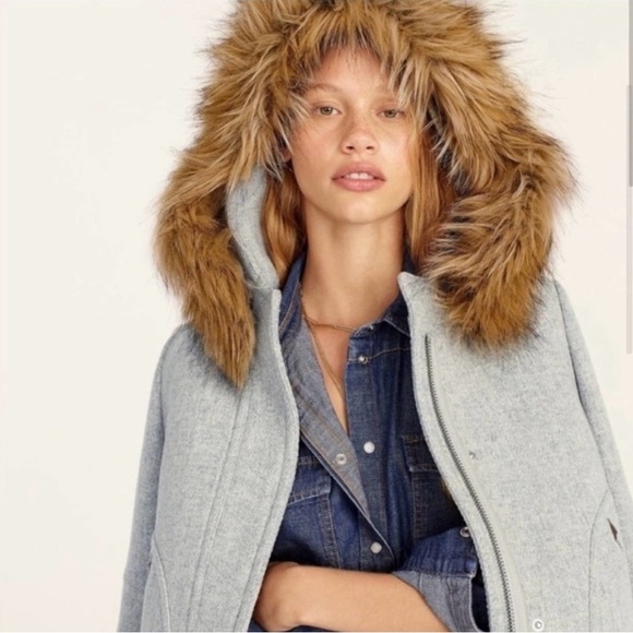 J. Crew Chateau Parka in Italian stadium-cloth wool Gray Coat Fur Hood Size 0 - Picture 2 of 8